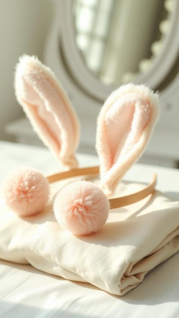 Pom-pom bunny headband laid on linen cloth