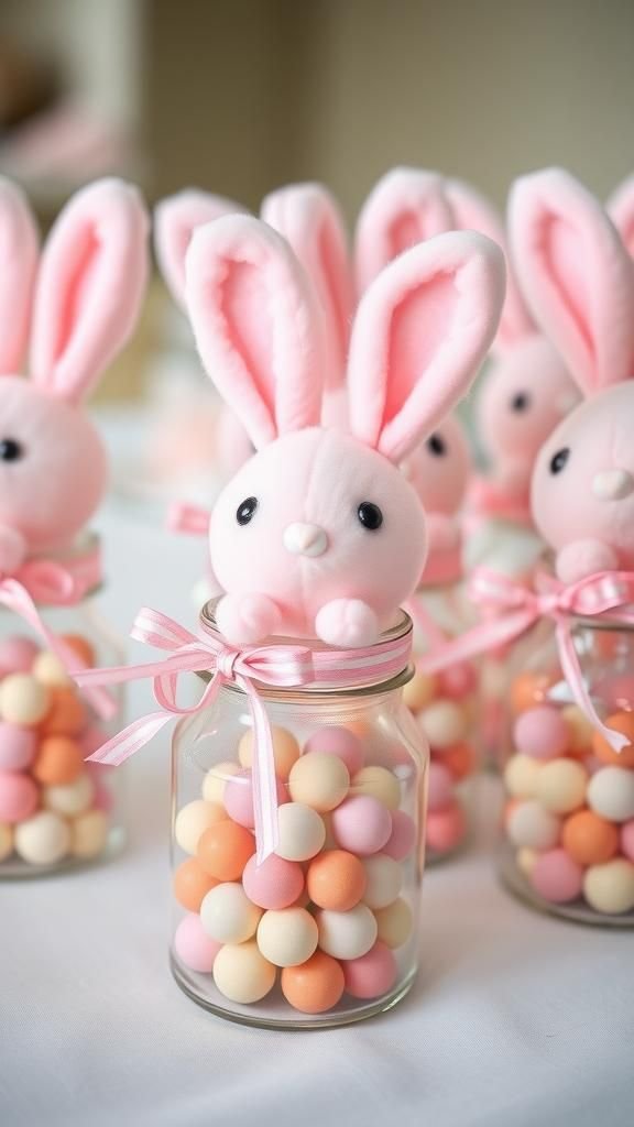 Pom-pom bunny party favor jars with ribbon