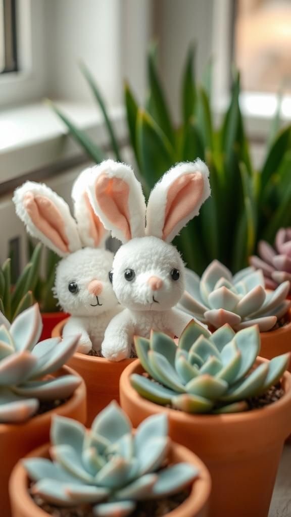 Pom-pom planter toppers hopping among succulents