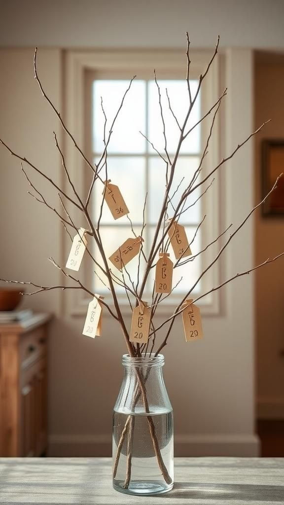 21 DIY Advent Calendar Craft Ideas 8 Tiny clothespin tags clipped to a branch