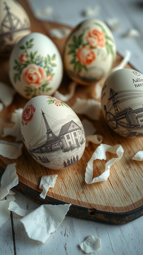 Decoupage napkin scenes with layered paper textures