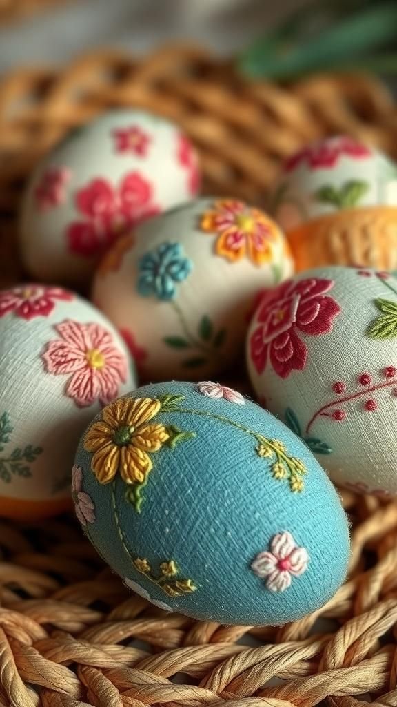 Embroidery-inspired stitched fabric covers on eggs
