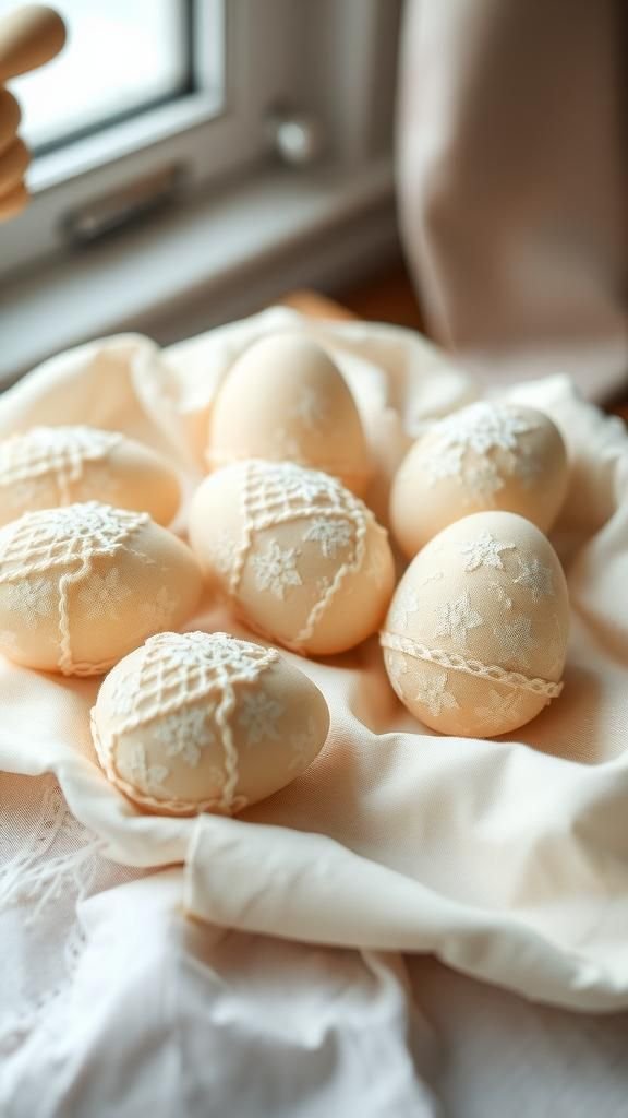 Lace-wrapped eggs with vintage textile charm