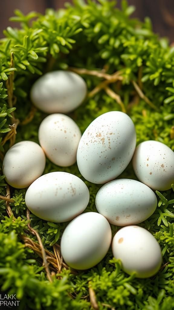 Speckled robin-style eggs with earthy tones