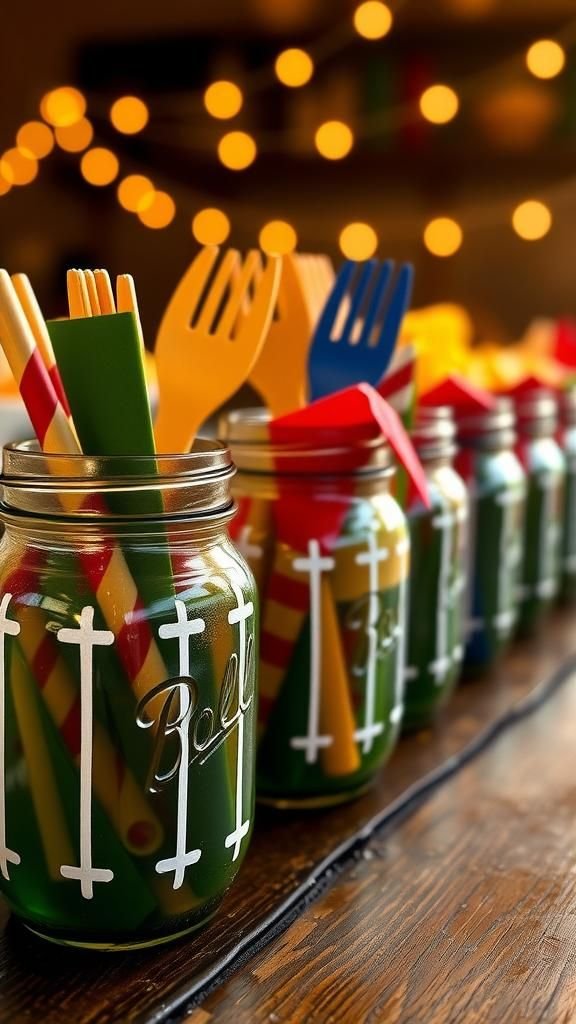 21 Game Day Football Party Decor Crafts 2 Mason jar utensil caddies with field markings