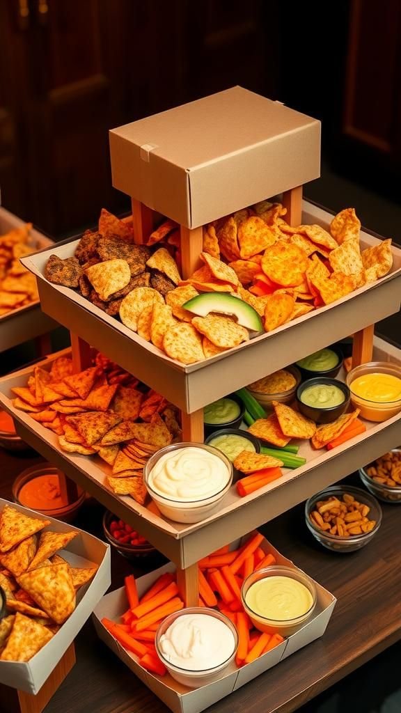 21 Game Day Football Party Decor Crafts 6 Snack stadium built from boxes and trays