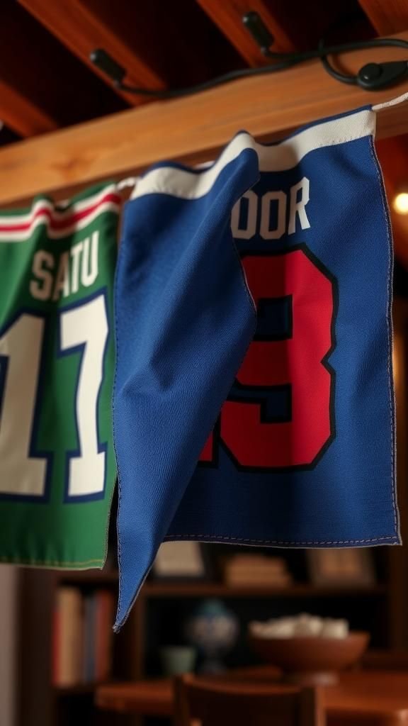 21 Game Day Football Party Decor Crafts 13 Upcycled jersey bunting for a thrifted feel