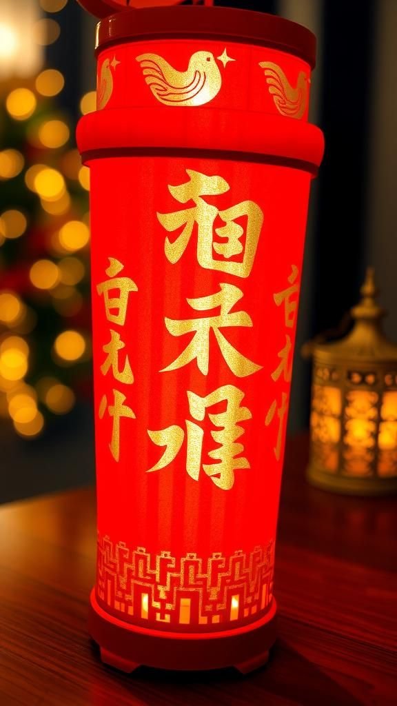 Classic red cylinder lantern with golden calligraphy