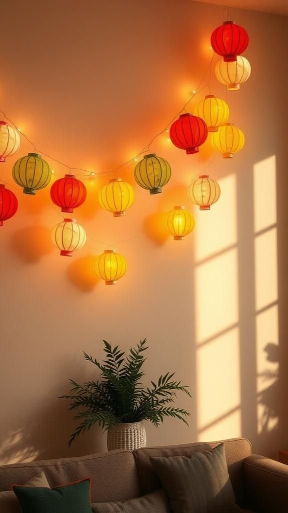 Lantern garland strung across a living room wall