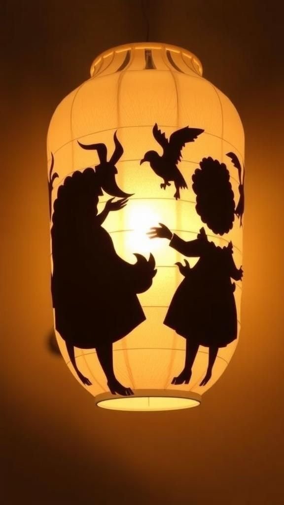 Shadow-play lantern with layered cutouts and vellum