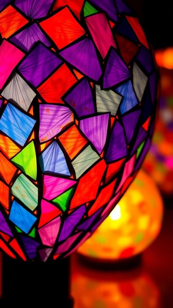 Tissue-paper mosaic lantern with jewel-like colors