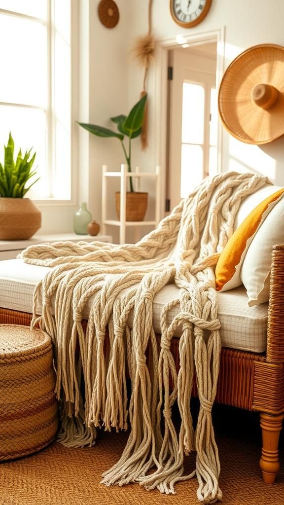 21 No Knit Chunky Blanket DIY Projects 6 Chunky macramé throw with wool accents