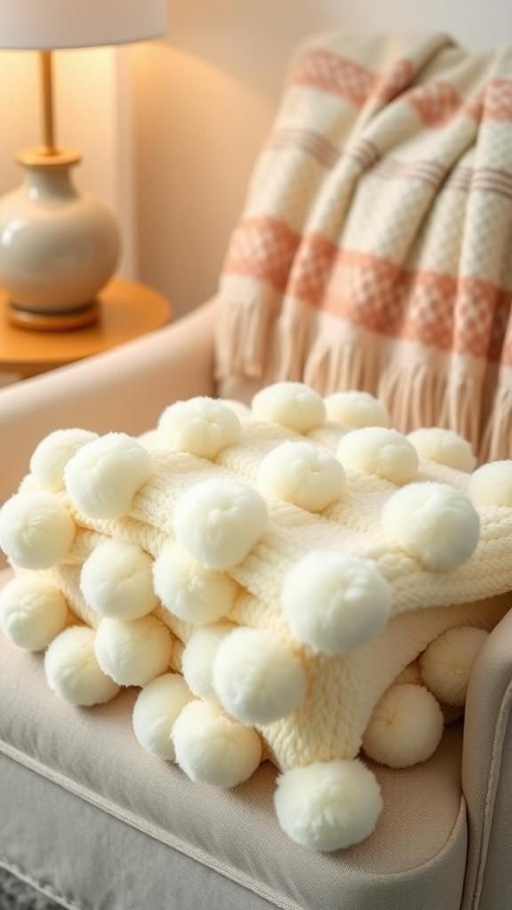 21 No Knit Chunky Blanket DIY Projects 7 Chunky pom-pom blanket for cozy texture