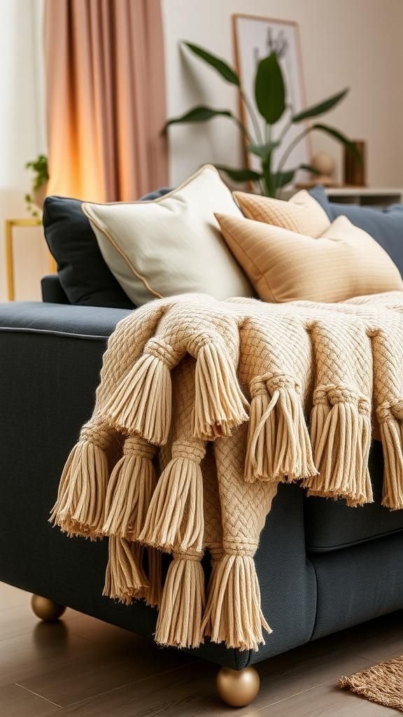 21 No Knit Chunky Blanket DIY Projects 17 Chunky tassel-edge blanket with woven core