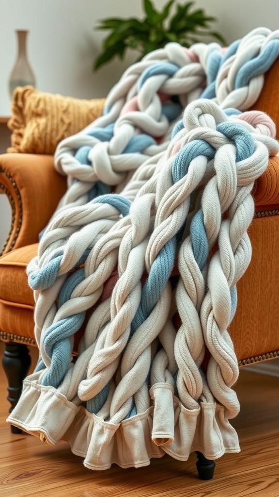 21 No Knit Chunky Blanket DIY Projects 3 T-shirt yarn chunky knot blanket idea