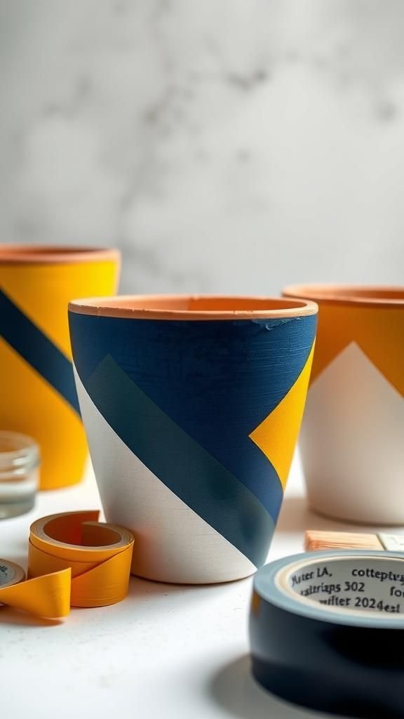 21 Painted Terracotta Pot Decorating Crafts 2 Bold geometric tape-resist pattern for a modern look