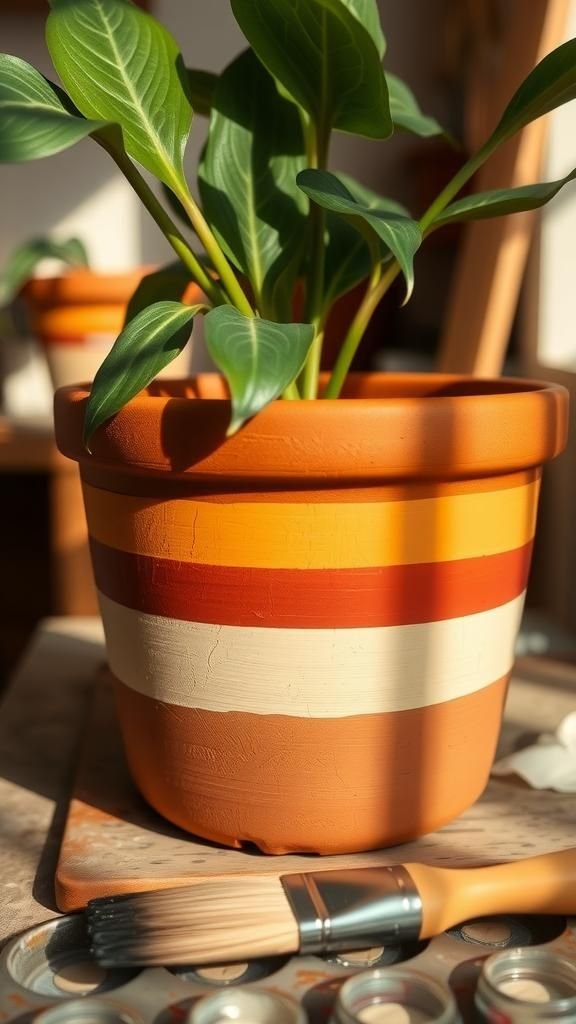 21 Painted Terracotta Pot Decorating Crafts 12 Bold stripes with a hand-brushed personality