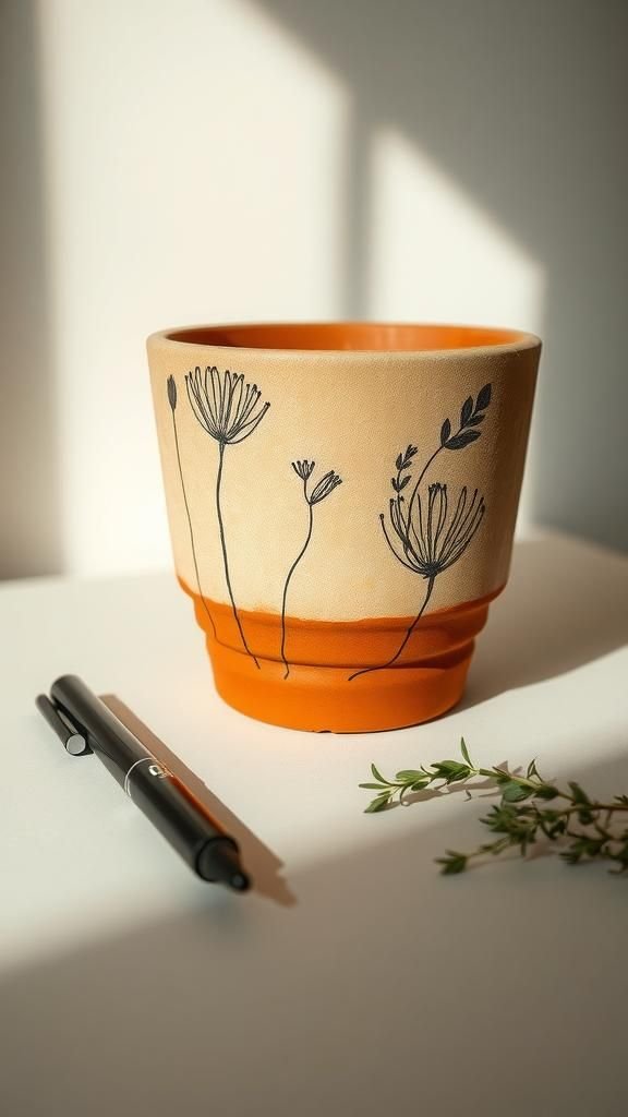 21 Painted Terracotta Pot Decorating Crafts 4 Hand-drawn botanicals in ink for a delicate touch