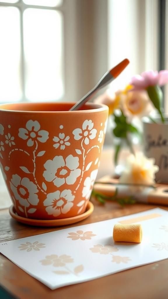 21 Painted Terracotta Pot Decorating Crafts 14 Stencil florals for neat, repeatable motifs