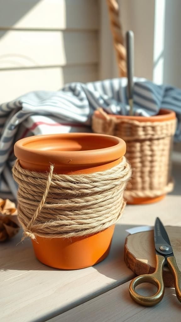 21 Painted Terracotta Pot Decorating Crafts 5 Textured rope bands for tactile interest