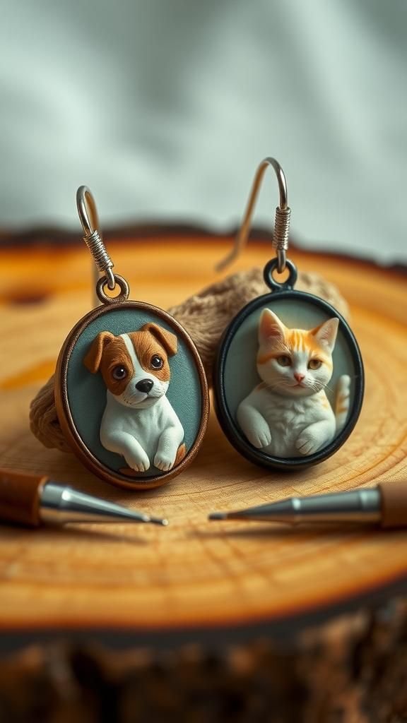 Sculpted pet portrait cameo earrings with charm