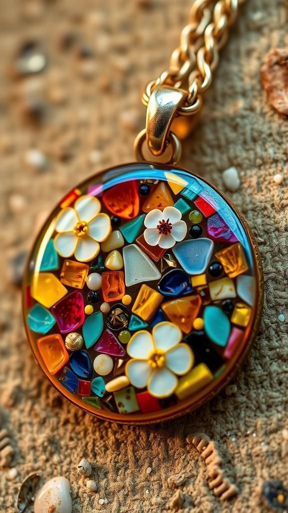 Botanical mosaic pendant with tiny pressed fragments