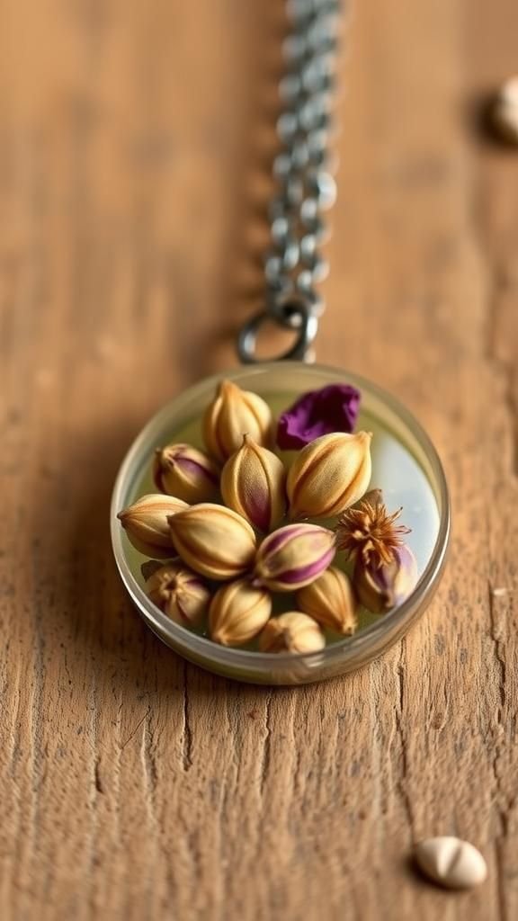 Botanical pendant with embedded seed pods and resin