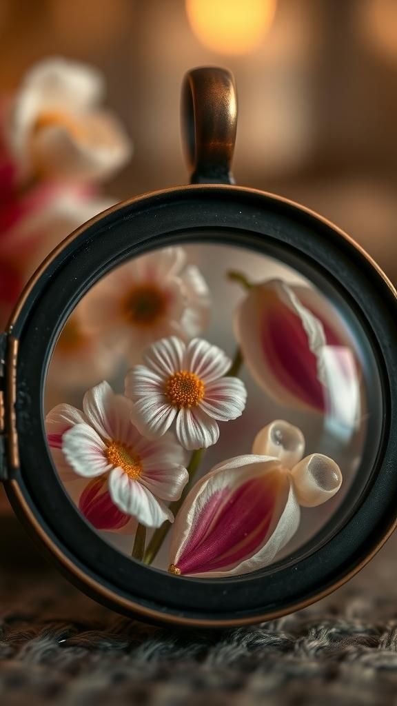 Delicate locket with tiny pressed petal scene