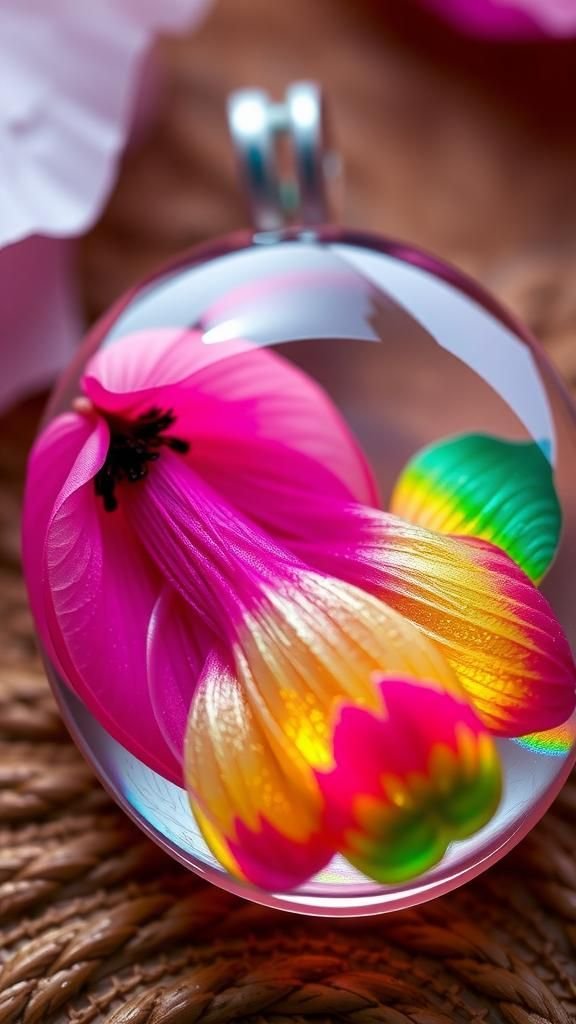 Iridescent gloss pendant with tiny pressed petals