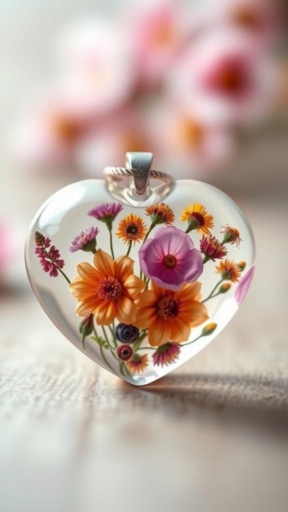 Translucent heart pendant with field-flower collage