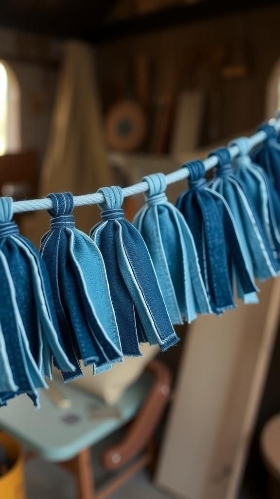 Denim scrap tassel garland with rugged charm