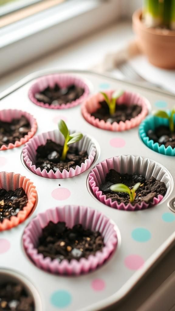 Cupcake liner seedlings in a muffin tin display