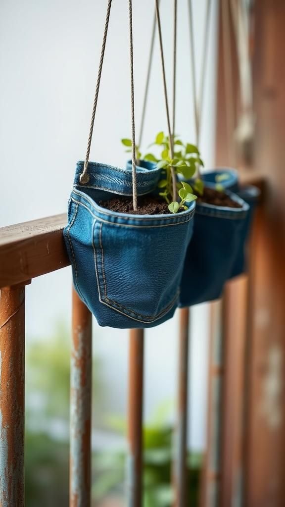 Denim-pocket planters from old jeans