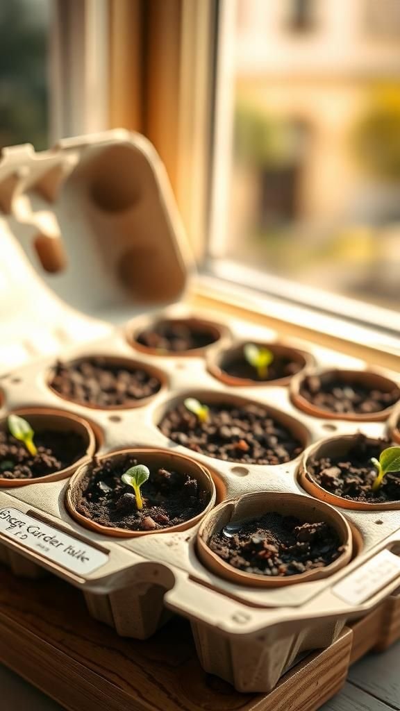 Egg carton herb starters with rustic charm