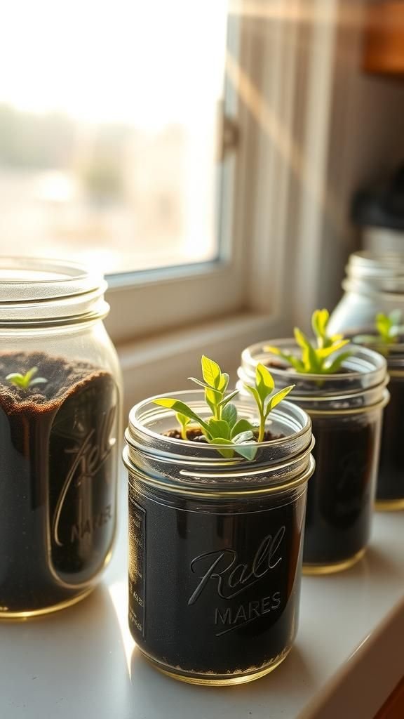 Mason jar windowsill starters with wire supports
