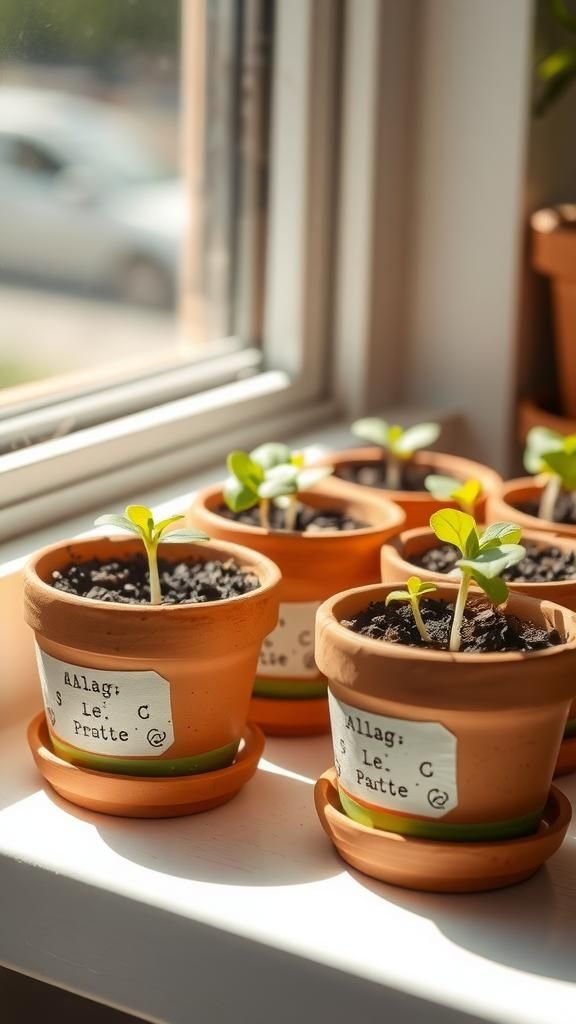 Painted clay pots with chalky labels and texture