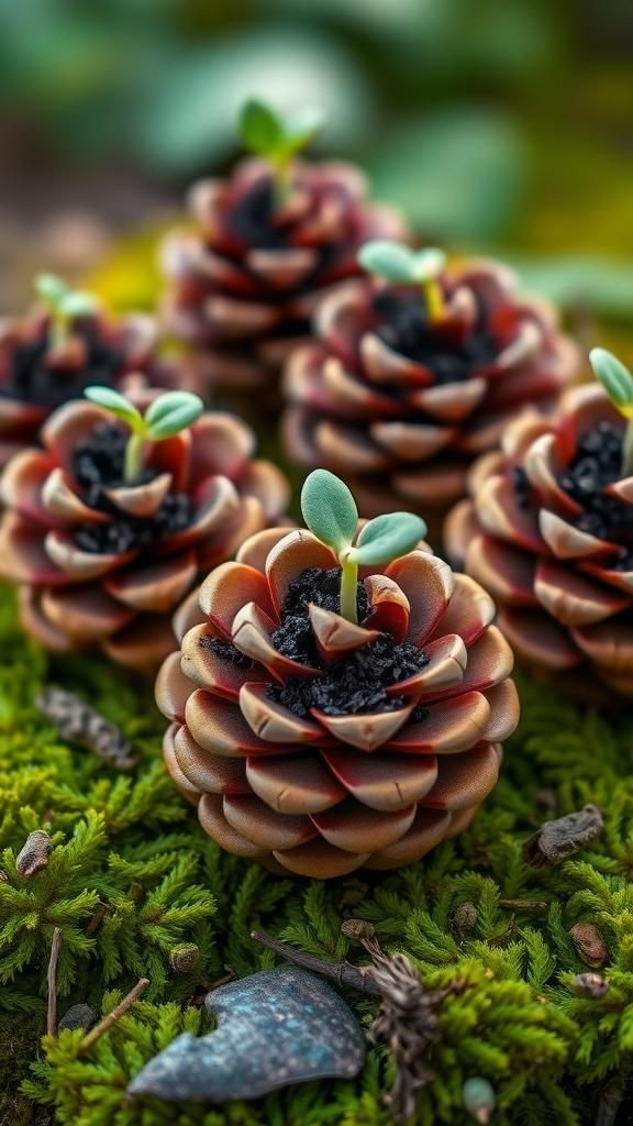 Pinecone seed starters with woodland textures