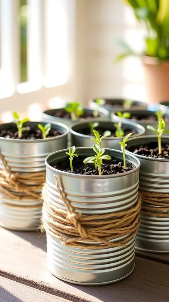 Tin can planters with cheerful wrapped twine
