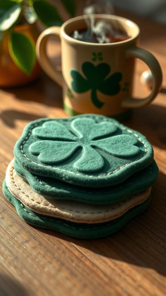 Layered shamrock coaster set with contrast stitching