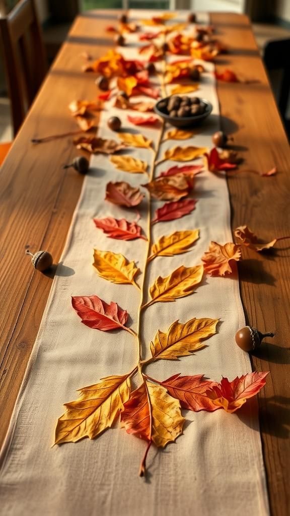 Leaf rubbing table runner full of impressions