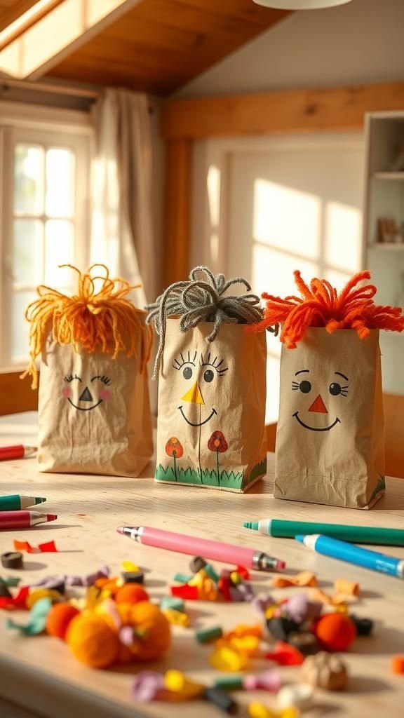 Paper bag harvest puppets with cheerful faces