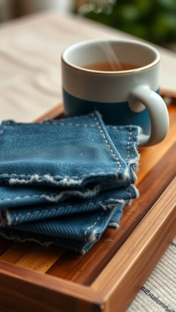 21 Upcycled Denim Fabric Crafts 2 Cozy denim coasters with frayed edges