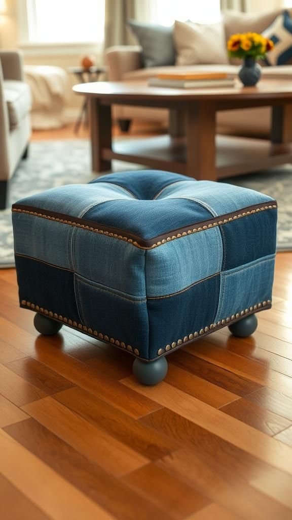 21 Upcycled Denim Fabric Crafts 14 Denim ottoman cover with textured patchwork