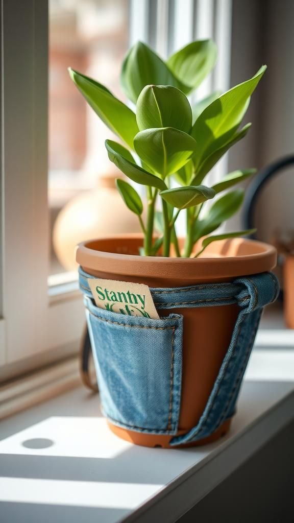 21 Upcycled Denim Fabric Crafts 10 Denim planter wrap with pocket for tools