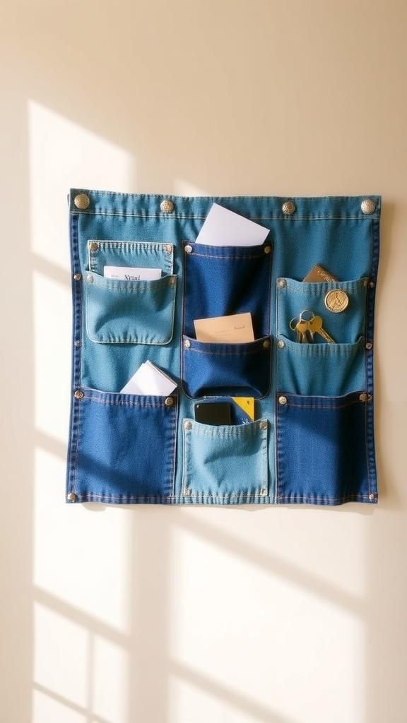21 Upcycled Denim Fabric Crafts 4 Denim pocket organizer for walls or doors