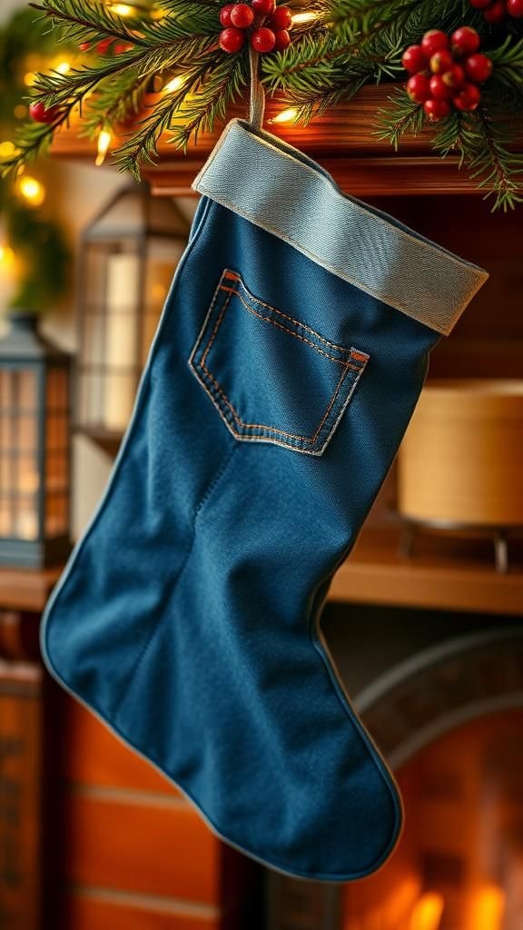 21 Upcycled Denim Fabric Crafts 20 Holiday stocking made from old denim jeans