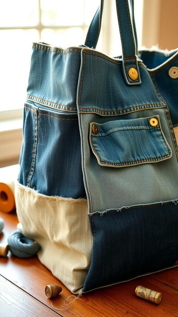 21 Upcycled Denim Fabric Crafts 1 Patchwork denim tote with hidden pocket charm