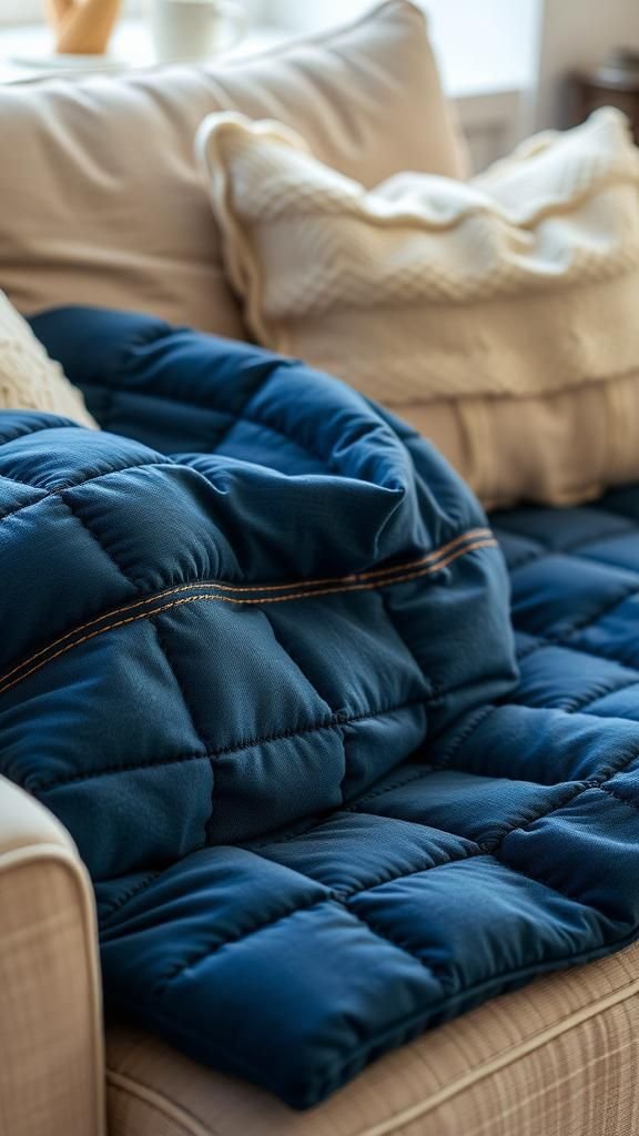 21 Upcycled Denim Fabric Crafts 7 Quilted denim throw with mixed pocket accents