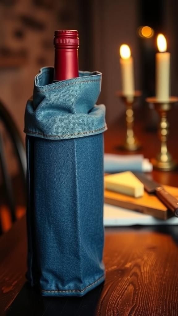 21 Upcycled Denim Fabric Crafts 13 Wine bottle cozy wrapped in indigo denim