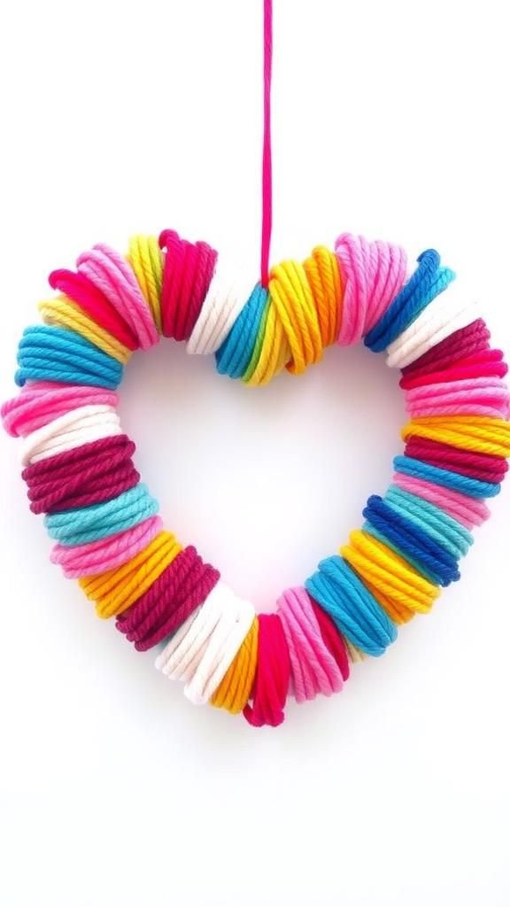 21 Valentine Yarn Wrapped Wreath Crafts 17 Mini skein mosaic heart with playful color blocks